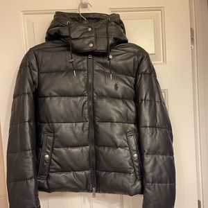 Black leather coat with removable hoodie